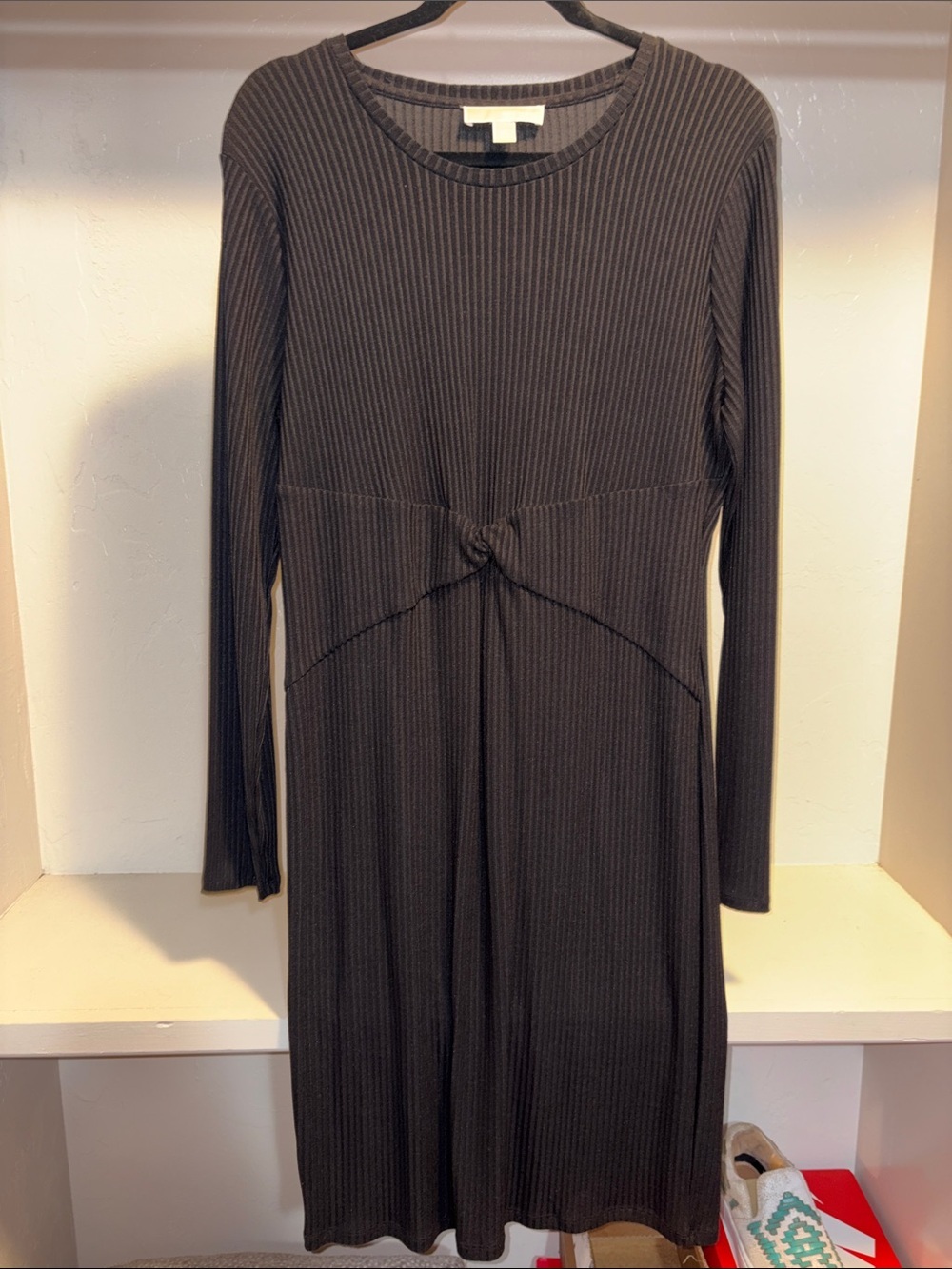 Michael Kors Dark Brown Ribbed Long Sleeve Knot-Front Midi Dress